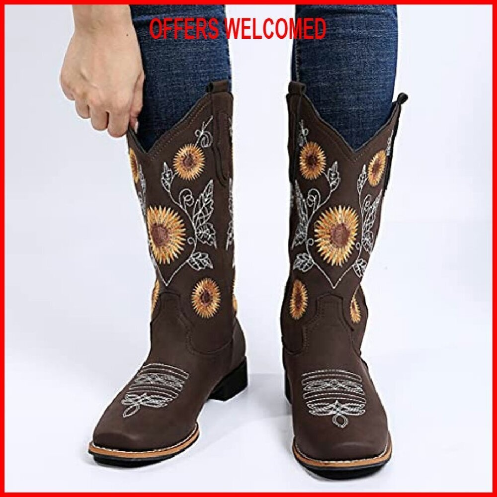Women's Mid Calf Cowboy Boots Sunflower Embroidery Low Heel Square Toe - Picture 3 of 8